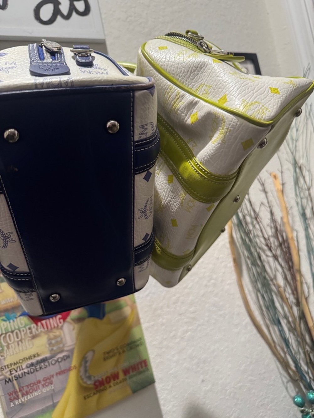MCM White Satchel with Yellow & Navy Leather Trim Authentic pieces sold separate - Picture 4 of 13